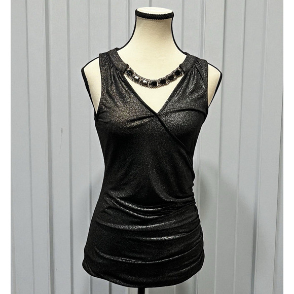 Cache Black Shimmer XS Rhinestone Neckline Glam Y2K Clubwear Party Blouse VTG - Picture 1 of 8